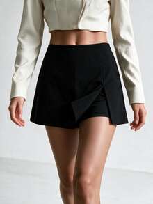 Rok Mini Wanita Warna Hitam Polos Pinggang Tinggi, Belahan Samping di Bagian Bawah, Potongan Ramping, Lapisan Dalam Pengaman, Gaya Pesta dan Perjalanan yang Elegan - Hitam - View 2