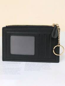 Women's Vintage Black Card Holder, Lychee PU Leather Wallet With Gold Keyring, Front Slots & Zipper Coin Pocket. Slim, Compact & Chic. Perfect Gift. - Black - View 6