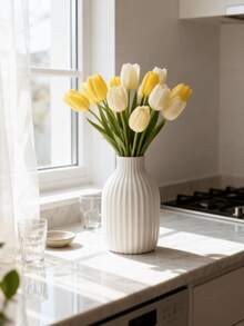 1pc Modern Vertical Textured Vase Minimalist Tabletop Flower Vase Decor - Multicolor - View 4
