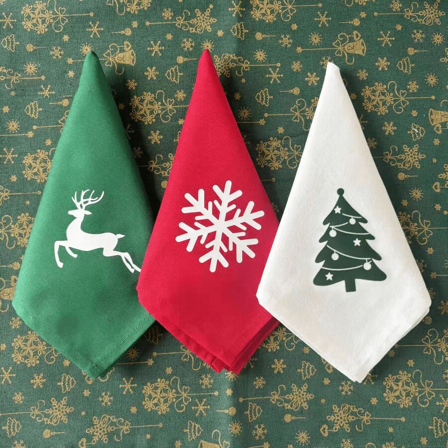 1/2/4pcs Christmas New Year Party Decoration Snowflake Reindeer Christmas Tree Print Solid Color Fabric Placemats Napkins Coasters Tea Towels - Multicolor - View 1