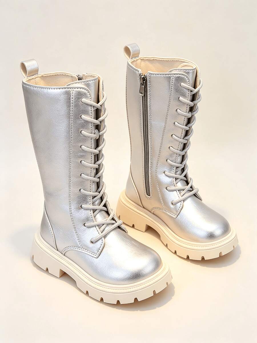 1 Pair Girls' Metallic Silver High-Top Boots, Lace-Up Side Zipper Thick Sole Knight Boots, Children's Fashion Runway Performance Long Boots - Silver - View 1