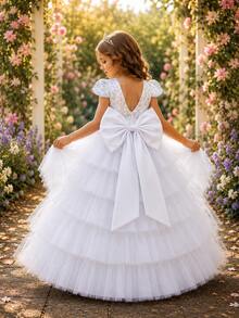 KAFEIBEI Young Girls Princess Dress With Luxurious Bow, V-Neck, Sequins And Tulle, Fluffy Long Skirt, Wedding Princess Party Gown, Suitable For Graduation Prom And Formal Occasions - White - View 3