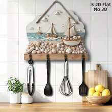 2D Flat Non-3D Nautical Sailboat Shell Wooden Key Hook Wall Decor, Coastal Beach Style Entryway Wall-Mounted Key Storage Rack, Room Decor, Living Room Decor, Home Decor, Nautical Mothers Day Gift, Beach House Entryway Mounted Key Hanger - Multicolor - View 5