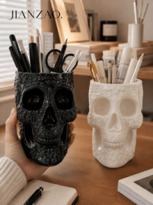 1pc/2pcs Gothic Floral Carved Skull Pen Holder, Large Capacity Desktop Pencil Organizer, Black White Multi‑Functional Makeup Brush Storage Pot, Skull Vase, Halloween Gothic Home Office Table Decor - Gothic Skull Pen Holder - View 2