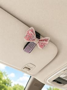 1pc Shiny Rhinestone Bow Car Sun Visor Glasses Holder, Cute Girly Style Car Interior Decor, Universal Eyewear Holder Accessory, Suitable For Female Drivers - A - View 2