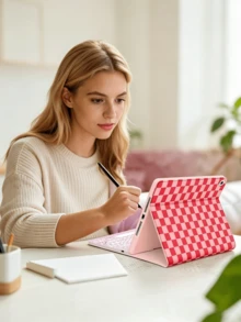 Plaid Pattern Keyboard Protective Case, Compatible With Samsung Galaxy Tab And RedmiPad Se, With Detachable Wireless Bluetooth Keyboard (150mAh) And Pen Slot, Unique Plaid Design - View 5