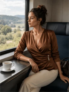 Stylish V-Neck Draped Wrap Top For Women, Three Quarter Sleeve Woven Blouse With Button Detail And Asymmetrical Hem Brown - Brown - View 1
