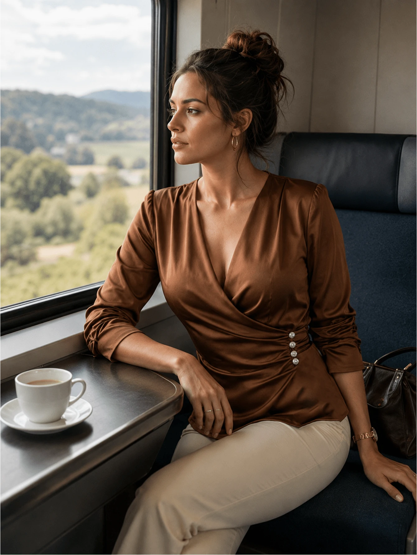 Stylish V-Neck Draped Wrap Top For Women, Three Quarter Sleeve Woven Blouse With Button Detail And Asymmetrical Hem Brown - Brown - View 1