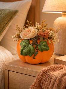 1pc Pumpkin Planter, Orange Fall Flower Pot With Decorative Green Leaves, Autumn Harvest Thanksgiving Tabletop Decor For Living Room Dining Table Mantel Shelf - Multiple Styles - View 5