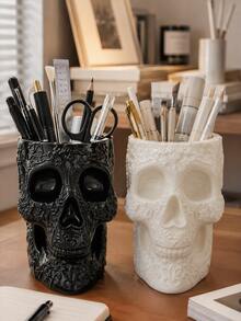 1pc/2pcs Gothic Floral Carved Skull Pen Holder, Large Capacity Desktop Pencil Organizer, Black White Multi‑Functional Makeup Brush Storage Pot, Skull Vase, Halloween Gothic Home Office Table Decor - Gothic Skull Pen Holder - View 15