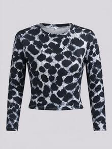 Kaos Lengan Panjang Wanita Motif Leopard Vintage, Pas Badan, Elastis, Slim-Fit, Kerah Bulat, Atasan Layering Gaya Y2K - Hitam - View 4