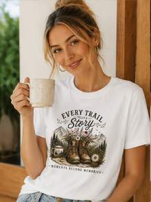 Wander-T-Shirt mit Wanderstiefel- und Wildblumenmuster, Berg- und Camping-Motiv, Unisex-Outdoor-Oberteil mit Rundhalsausschnitt, Geschenkidee für Naturliebhaber, Lieferung vor Ort. - Weiss - Übersicht 4