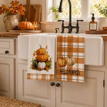 2pcs Pumpkin & Maple Leaf Print Kitchen Towels, Autumn Pastoral Style Hand Towels, Suitable For Thanksgiving, Autumn Kitchen Decor, Harvest Celebration, Farm Theme Decoration, Baking & Cooking And Daily Home Use - Multicolor - View 4