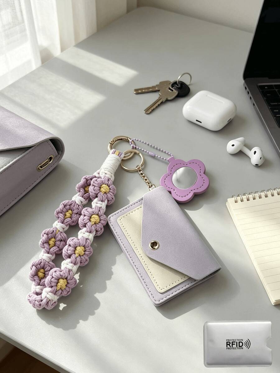 Bohemian Style Woven Floral Wristlet Keychain Wallet For Women, Portable ID Card Holder Mini Pocket Bag With Small Mirror, Suitable For Concerts, Travel, Daily Carry - Multicolor - View 1