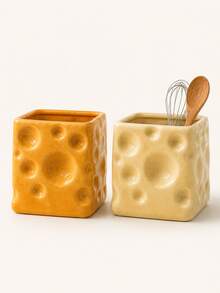 Yellow Cheese Shaped Kitchen Utensil Holder, Large Countertop Utensil Crock - Multicolor - View 2