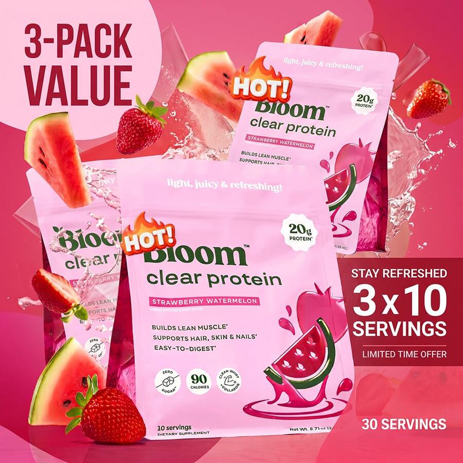 Bloom Nutrition Clear Protein | Clear Whey & Collagen Blend, 20g Protein, Low Calorie Fruity Protein Drink For Women-Post Workout Muscle Recovery, Hair Skin Nails Support, Refreshing Juice Like Isolate, Diet Friendly Wellness Supplement - Watermelon-3 - View 1