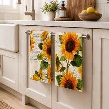 2pcs Sunflower Pattern Kitchen Towels, Country Rustic Style Dishcloths, Suitable For Home Kitchen Decor/Daily Home Cleaning/Farmhouse Style Restaurant Arrangement/Thanksgiving Celebration - Multicolor - View 2