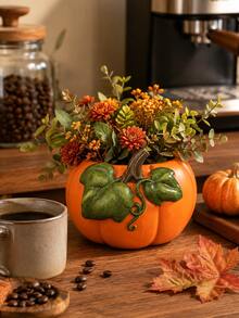 1pc Pumpkin Planter, Orange Fall Flower Pot With Decorative Green Leaves, Autumn Harvest Thanksgiving Tabletop Decor For Living Room Dining Table Mantel Shelf - Multiple Styles - View 6