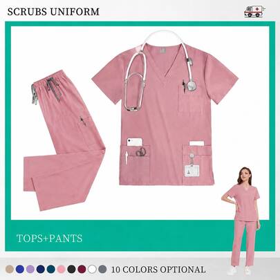 Women's Scrubs Set V-Neck Top And Cargo Pants 2 Piece Set Multi-Pocket Nursing Uniform For Dentist Vet Doctor ,Women's Work Uniform Set