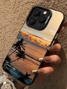 1pc Black Beach Sunset Coconut Tree Minimalist Anti-Drop Soft TPU Phone Case Full Coverage Anti-Fouling Compatible With Apple 18 17 16 15 14 13 12 11 Pro Max Protective Case Air Suitable For Samsung Series - Multicolor - View 2