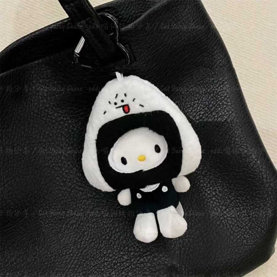 SANRIO 1pc KT Cat Plush Keychain, Black & White Hello Kitty Bag Charm, Cute Hooded Cloak Stuffed Doll Pendant For Backpack, Purse, Keys & Gift - Multicolor - View 1