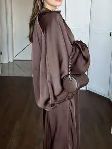 Women's 2 Pieces Set With Collared Zip-Up Jacket And Loose Lantern Sleeves, Draped Wide-Leg Pants, Spring/Autumn - Coffee Brown - View 2