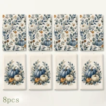 2/4/6/8pcs Kitchen Towels Set, Blue & White Pumpkin Eucalyptus Print Polyester Hand Towels, Watercolor Autumn Botanical Design, Farmhouse Fall Kitchen Decor, Thanksgiving Decorations - Multicolor - View 14