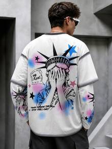 Krometka Men's American Street Style Face-Covering Statue Of Liberty 2 In 1 Long Sleeve Sweatshirt, Spray-Painted Star & Letter Print Loose Fit Pullover - White - View 5