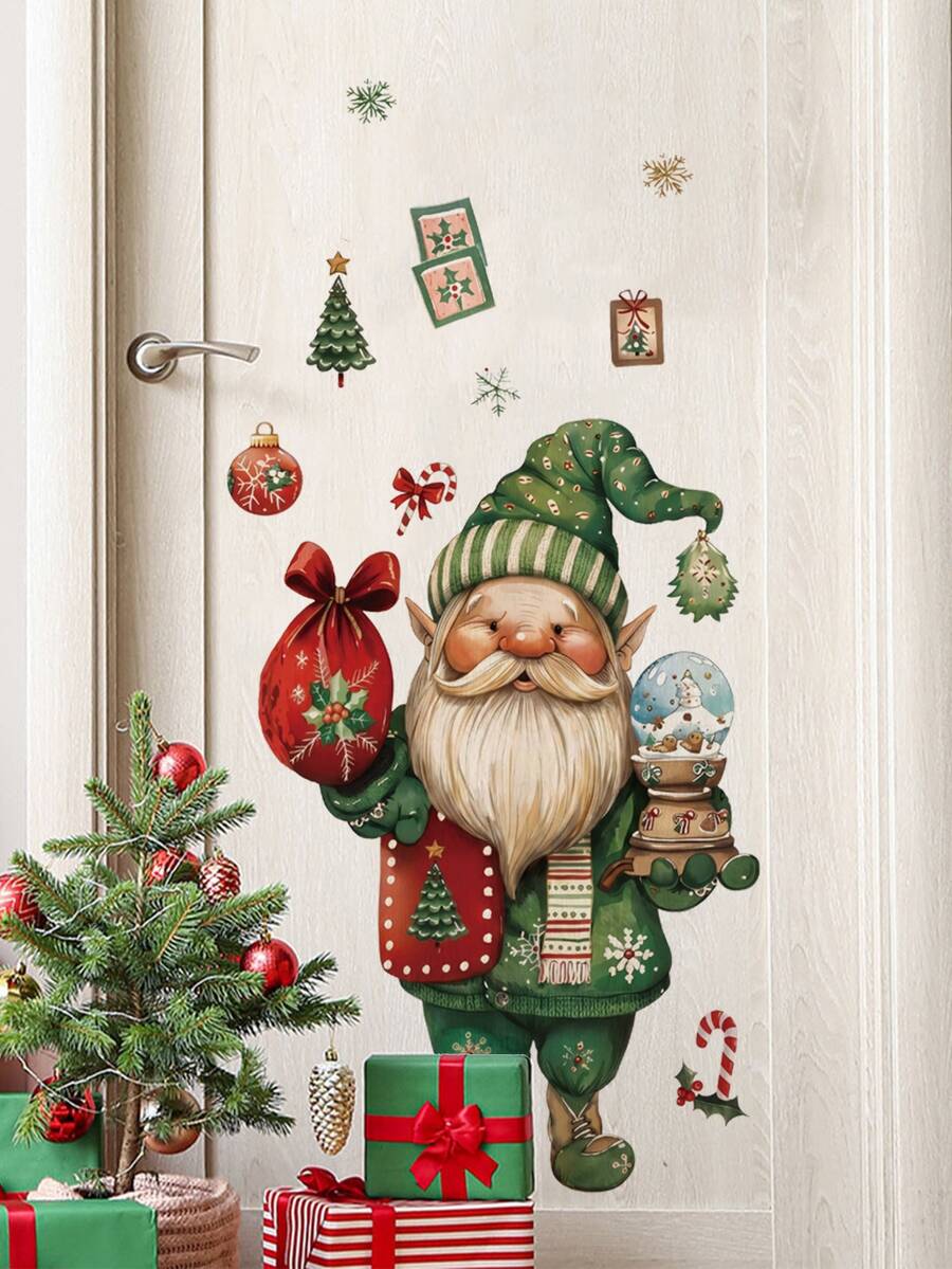 mama look 1pc, Multi-Style, Christmas Decoration Wall Sticker, Green Santa Claus, Christmas Puppet, Elf Standing In A Row, Deer Christmas Series Sticker, PVC Self-Adhesive Removable Wall Sticker, Suitable For Bedroom, Living Room, Study, Dining Room, Bathroom, Home Wall Decoration, Door Sticker/Toilet Sticker - Multiple Styles - View 1