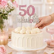 Pink Rhinestone 50 & Fabulous Cake Topper, Sparkling 50th Birthday Cake Decoration With Heart For Women, Party, Anniversary & Celebration - Style a - View 6