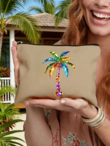 Colorful Rhinestone Palm Tree Print Cosmetic Bag, Zipper Portable Makeup Pouch, Multifunctional Travel Toiletry Organizer Coin Purse, Beach Vacation Accessory Gift For Women - Multicolor - View 17