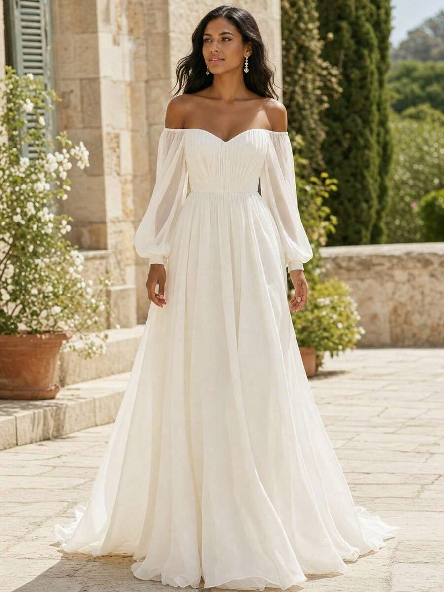 White Bateau Neck Wedding Dress, Elegant Off Shoulder Puff Long Sleeve Chiffon Maxi Dress A Line Flowy Wedding Bridal Gown Formal Party Evening Gown - White - View 1
