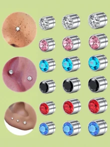Cubic Zirconia Inlaid Shiny Fake Earrings And Nose Stud Set; Clip-On Earring; Unisex Fashion Accessory - Multicolor - View 1