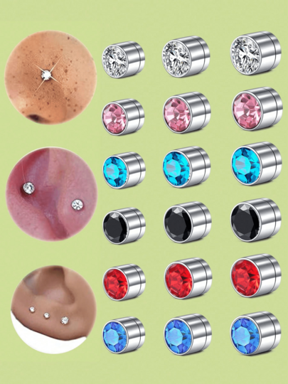 Cubic Zirconia Inlaid Shiny Fake Earrings And Nose Stud Set; Clip-On Earring; Unisex Fashion Accessory