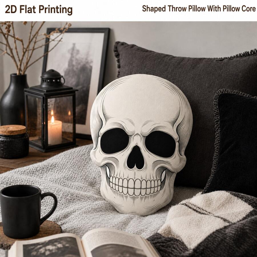 Gothic Skull Skeleton Grinning 2D Flat Print Filled Throw Pillow, Suitable For Sofa, Bedroom, Living Room Cozy Home Decor, Office And Car Use, Pillow Gift - Multicolor - View 1