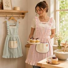 1pc Aesthetic Plaid Ruffle Apron, Essential Kitchen Apron, Cute Shoulder Strap Apron With Hand-Wipe Pocket, Suitable For Home Cooking And Baking - Multicolor - View 4