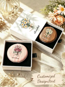 Customized Moon Flower Makeup Mirror Set, Personalized Name Folding Mini Portable Mirror With Birthday Flower, Suitable For Travel And Dormitory, Elegant Bridal Party Favor, Romantic Valentine's Day Gift, Thank You Gift For Her - Multicolor - View 1
