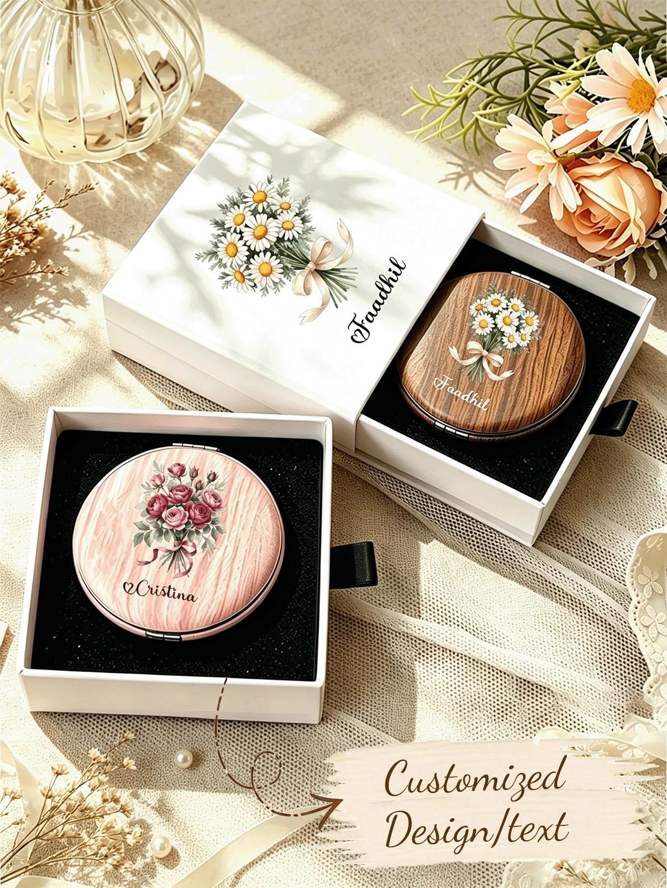 Customized Moon Flower Makeup Mirror Set, Personalized Name Folding Mini Portable Mirror With Birthday Flower, Suitable For Travel And Dormitory, Elegant Bridal Party Favor, Romantic Valentine's Day Gift, Thank You Gift For Her - Multicolor - View 1