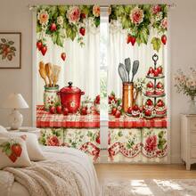 2pcs Vintage Watercolor Strawberry Rose Plaid Print Decorative Curtains, No-Drill Rod Pocket Design, Easy Installation And Removable, Polyester Material, Suitable For Bedroom, Living Room And Home Decor - Multicolor - View 14