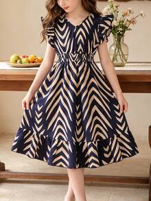 Left Mama Tween Girls Striped Retro Sleeveless Dress, Summer - Blue - View 1
