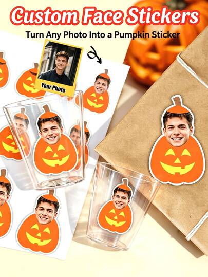 Personalized Halloween Face Pumpkin Stickers, Custom Photo Pumpkin Decals, Put Your Face On Pumpkin Stickers, Funny Halloween Party Decorations, Custom Gift Stickers For Friends & Family, Trick Or Treat Supplies, Party Favor Labels