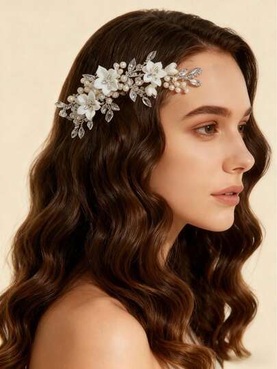 1 Hand Woven Hair Clip, Hair Accessory Decorated With Clay Flowers And Rhinestones, An Elegant Accessory Suitable For Weddings, Parties, And Birthdays