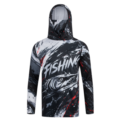 Men's Graphic Fishing Hoodie Shirt With Face Cover, Long Sleeve Outdoor Angling Top, Fish Print Pullover For Fishing Hiking Camping