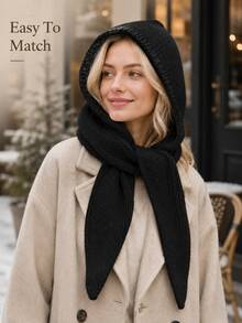 1pc Solid Color One-Piece Knitted Hooded Scarf, Fashionable Versatile Women's Knitted Hat, Warm And Cold-Proof, Suitable For Autumn/Winter, Large Head Circumference, Scarf Hat Set, Warm Ear Protection - A - View 7