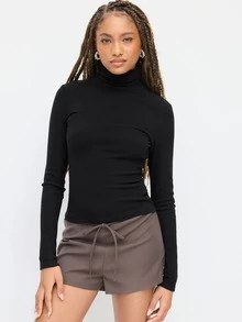 Autumn/Winter Casual Versatile Solid Color Turtleneck Top - Black - View 2