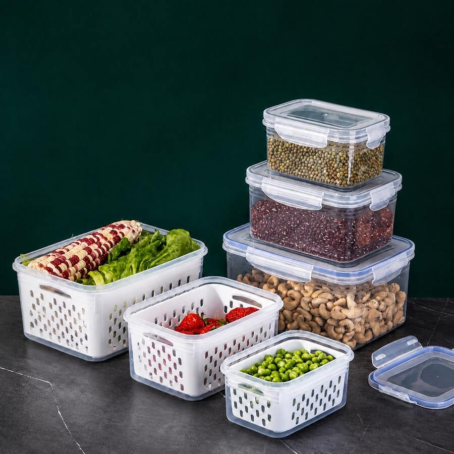 2pcs/3pcs/4pcs Refrigerator Food Storage Boxes With Lids And Removable Colander, Stackable Fruit And Vegetable Storage Containers, Transparent Fridge Organizer, Gray/Blue, Multiple Sizes S/M/L/XL