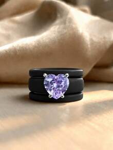 3PCS Stacked Black Silicone Ring Set, Cut With Purple Heart-Shaped Zirconia, Suitable For Daily Wear, Girlfriends, Couples, Weddings, Valentine's Day - Black Silicone - Purple Heart - View 7