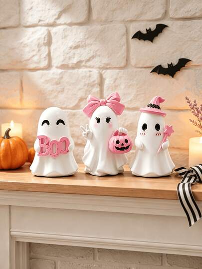 1pc Cute Pink Wizard/Big Bow/Boo Letter Ghost Resin Figurine, Halloween Pumpkin Basket Design Decorative Ornament, Halloween Desktop Decoration, Bedroom Party Indoor Tabletop Home Decor, Pink & White Cute Ghost Figurine (3 Models To Choose From)