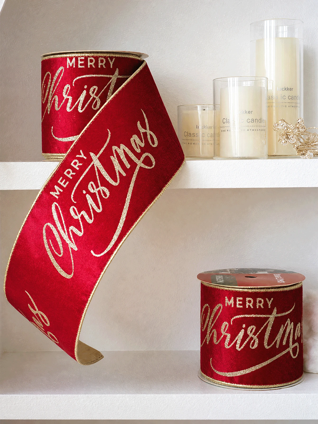 Velvet Christmas Ribbon Elegant Wired Ribbon With Gold Glitter Merry Christmas Script Metallic Edge Double-Side Ribbon For Gift Wrapping Present Bows Tree Wreath DIY Craft Festive Holiday Party Decor Aesthetic