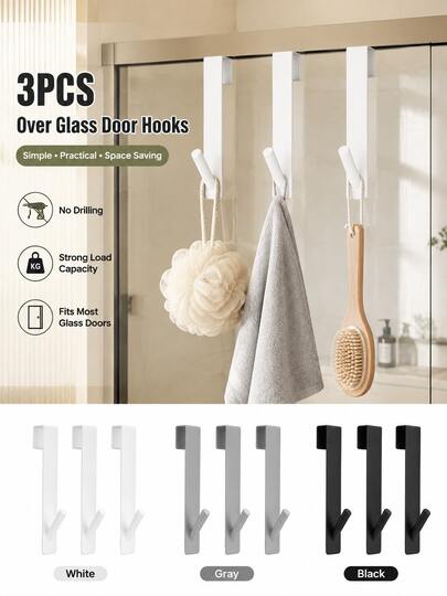 3 PCS Over Glass Door Hooks ABS No Drill Shower Door Hangers Black White Gray Options Space Saving Towel Robe Loofah Organizer For Bathroom Shower Room Bedroom Dorm Apartment Essentials Easy Access Hanging Storage Small Space Home Organization